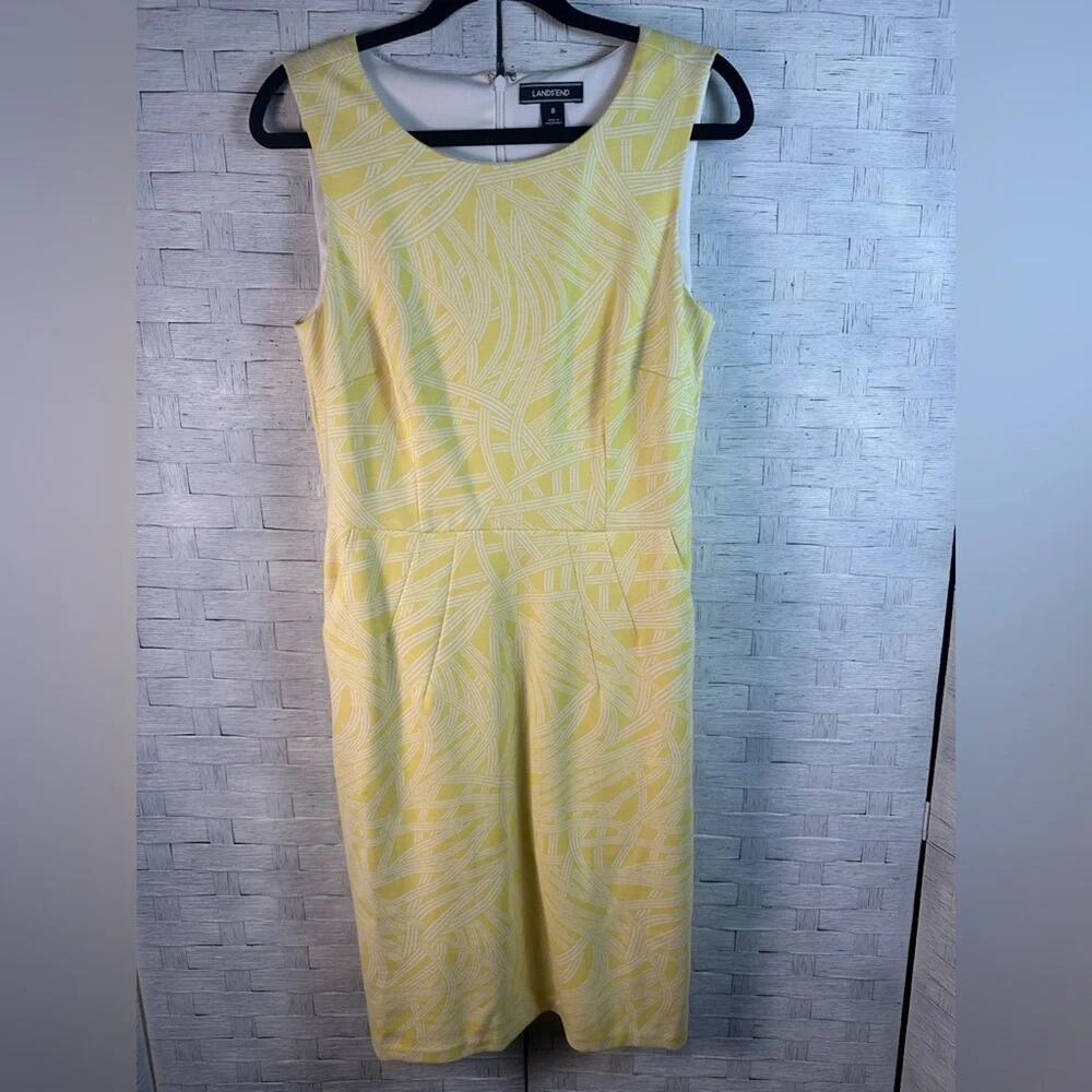 Lands' End Womens Dress Midi Yellow white sheath pockets coastal spring feminine